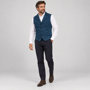 Men’s classic waistcoat with slim fit, worn by a male model, angled front view