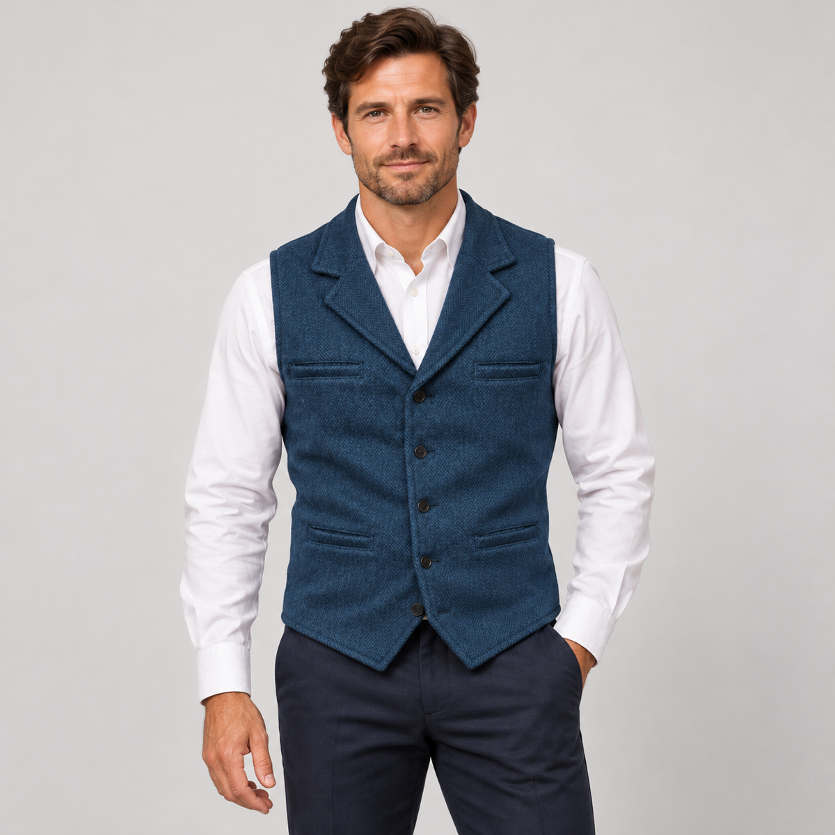 Men’s classic waistcoat with slim fit, worn by a male model, close-up