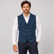 Men’s classic waistcoat with slim fit, worn by a male model, close-up