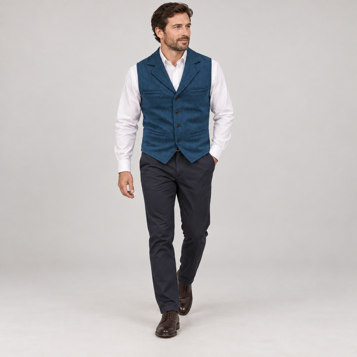 Men’s classic waistcoat with slim fit, worn by a male model in a walking pose