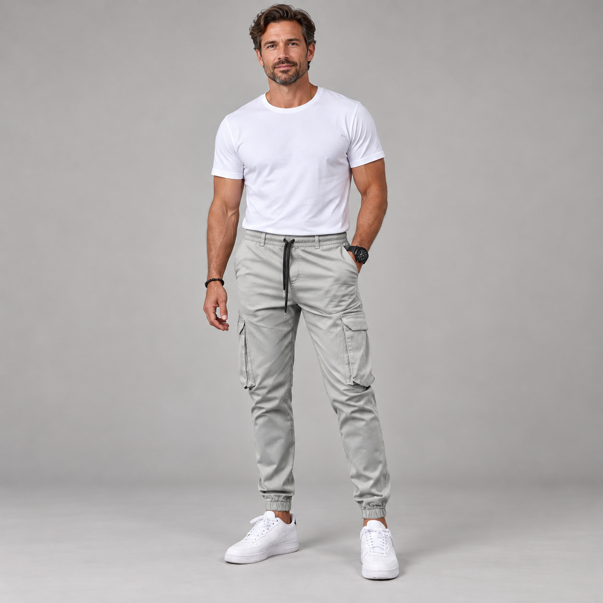 Men's slim-fit joggers with an elastic waistband, worn by a male model, close-up