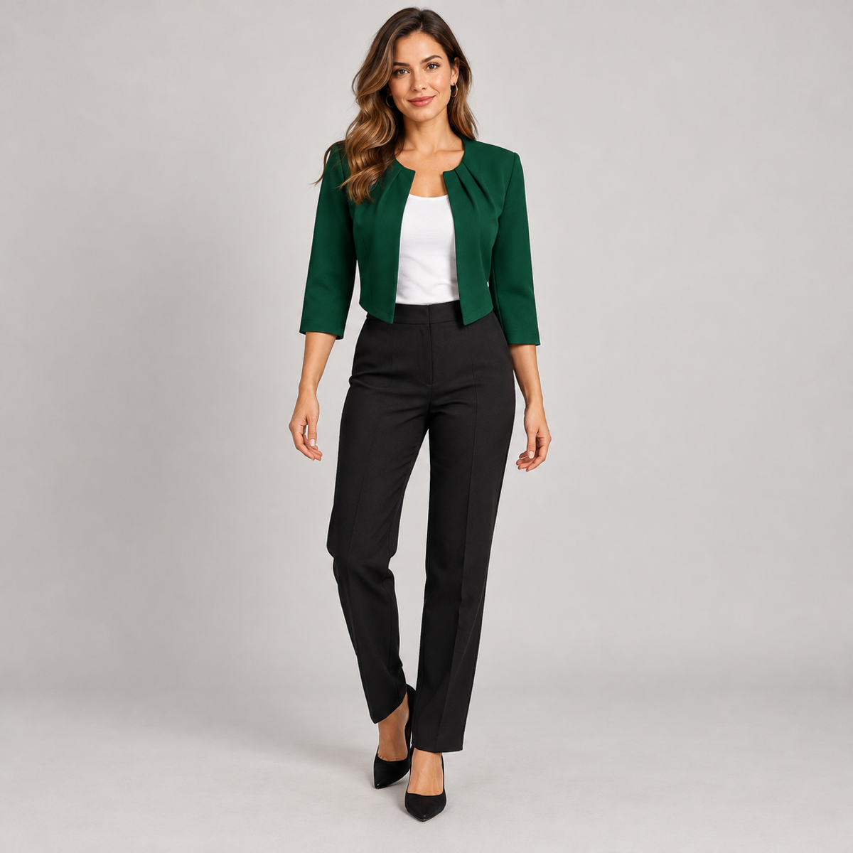 Short women’s collarless blazer with three-quarter sleeves, worn by a female model, front view
