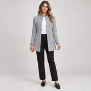 Women's long grey blazer with a stand-up collar, worn by a female model, front view