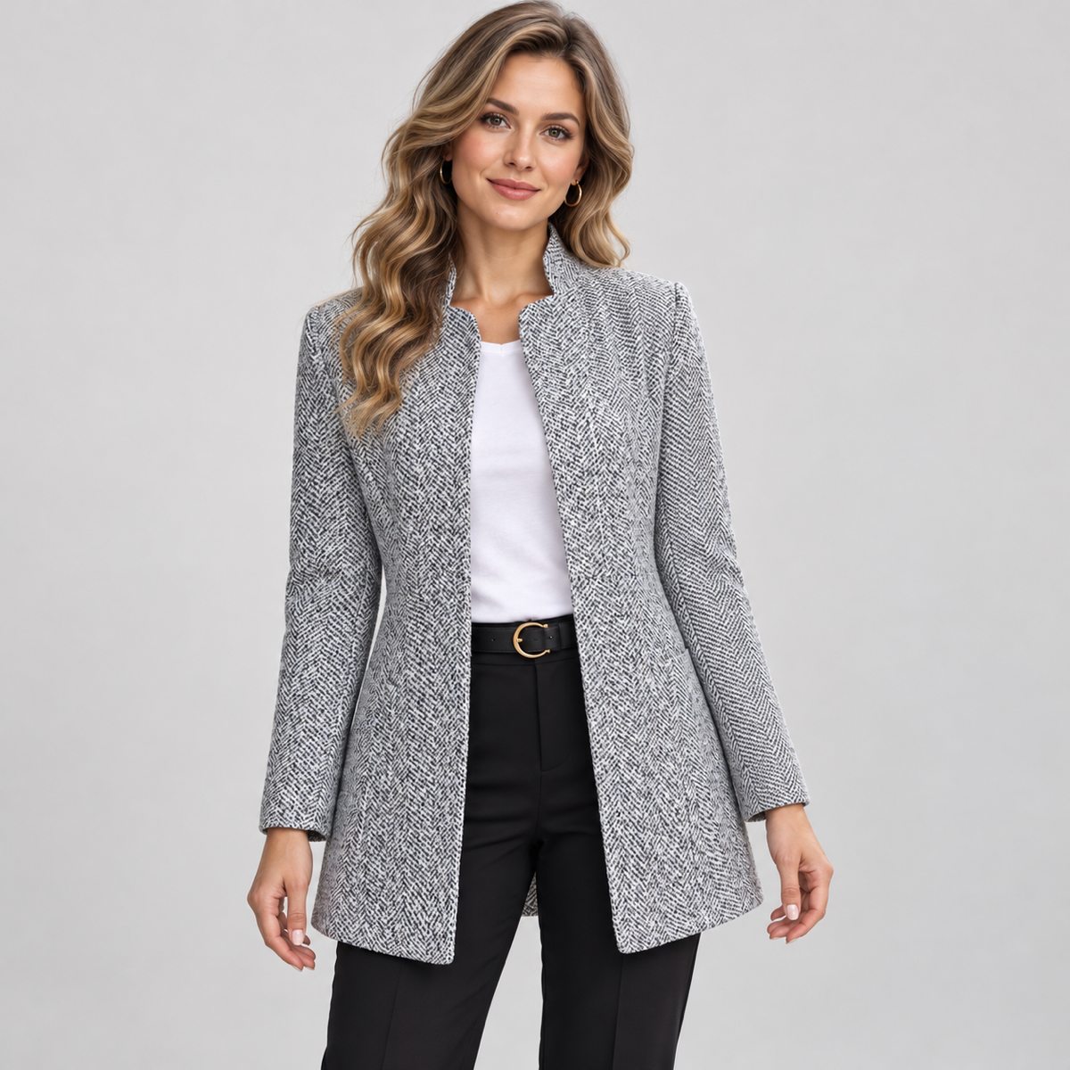 Women's long grey blazer with a stand-up collar, worn by a female model, close-up