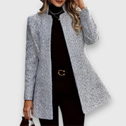 Women's long grey blazer with a stand-up collar