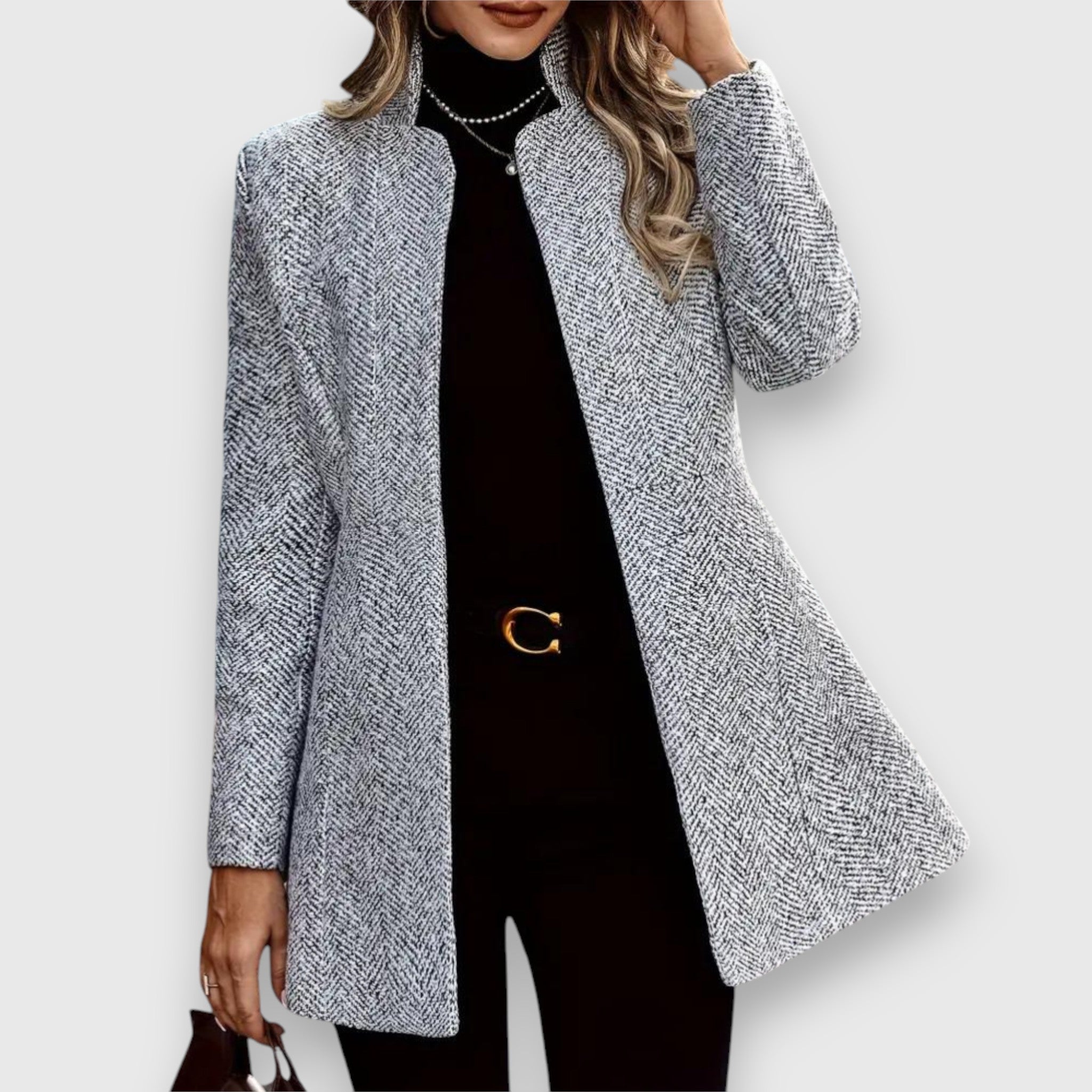 Women's long grey blazer with a stand-up collar