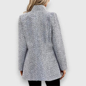 Women's long grey blazer with a stand-up collar