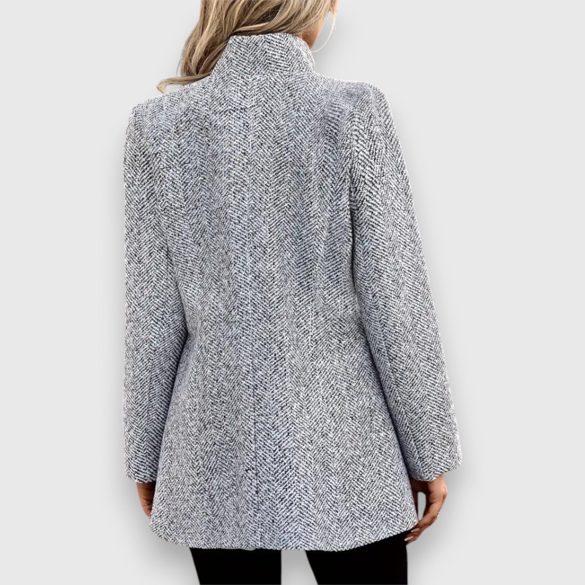 Women's long grey blazer with a stand-up collar