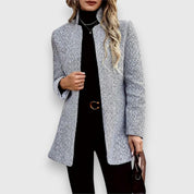 Women's long grey blazer with a stand-up collar