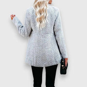 Women's long grey blazer with a stand-up collar