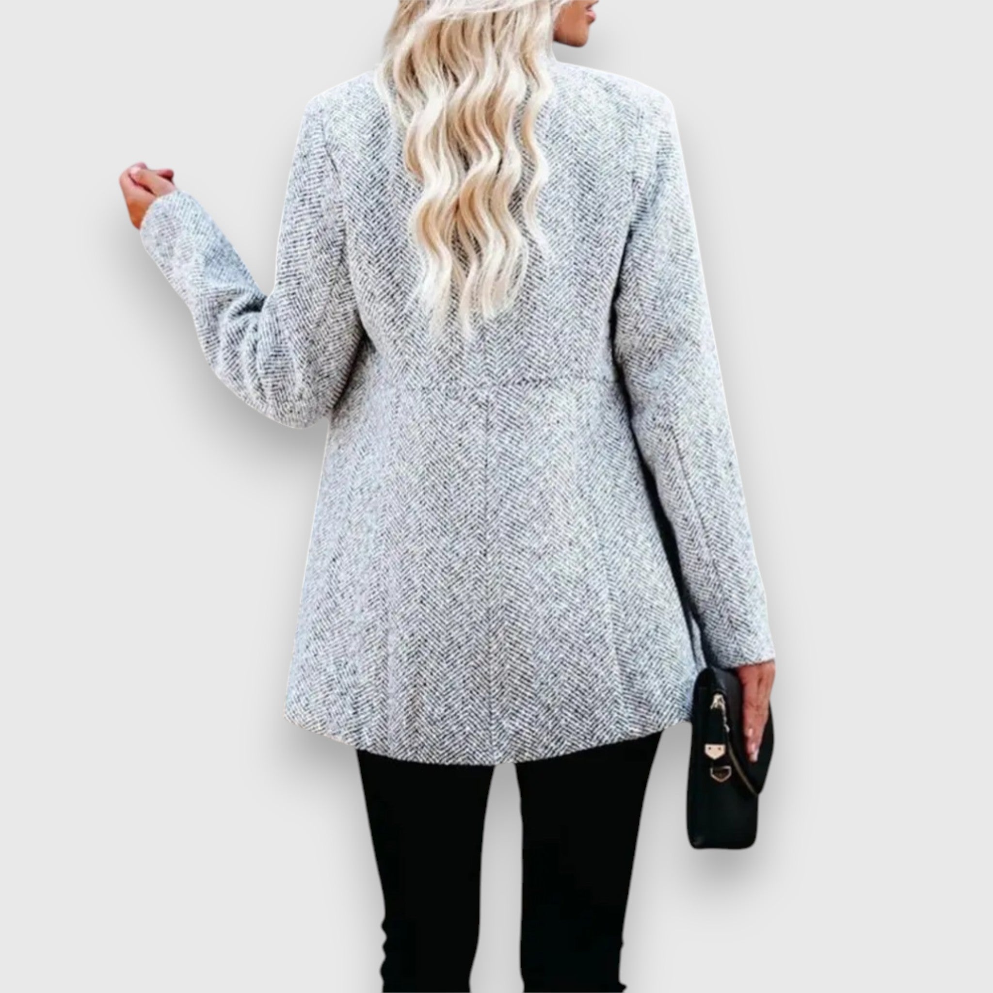 Women's long grey blazer with a stand-up collar