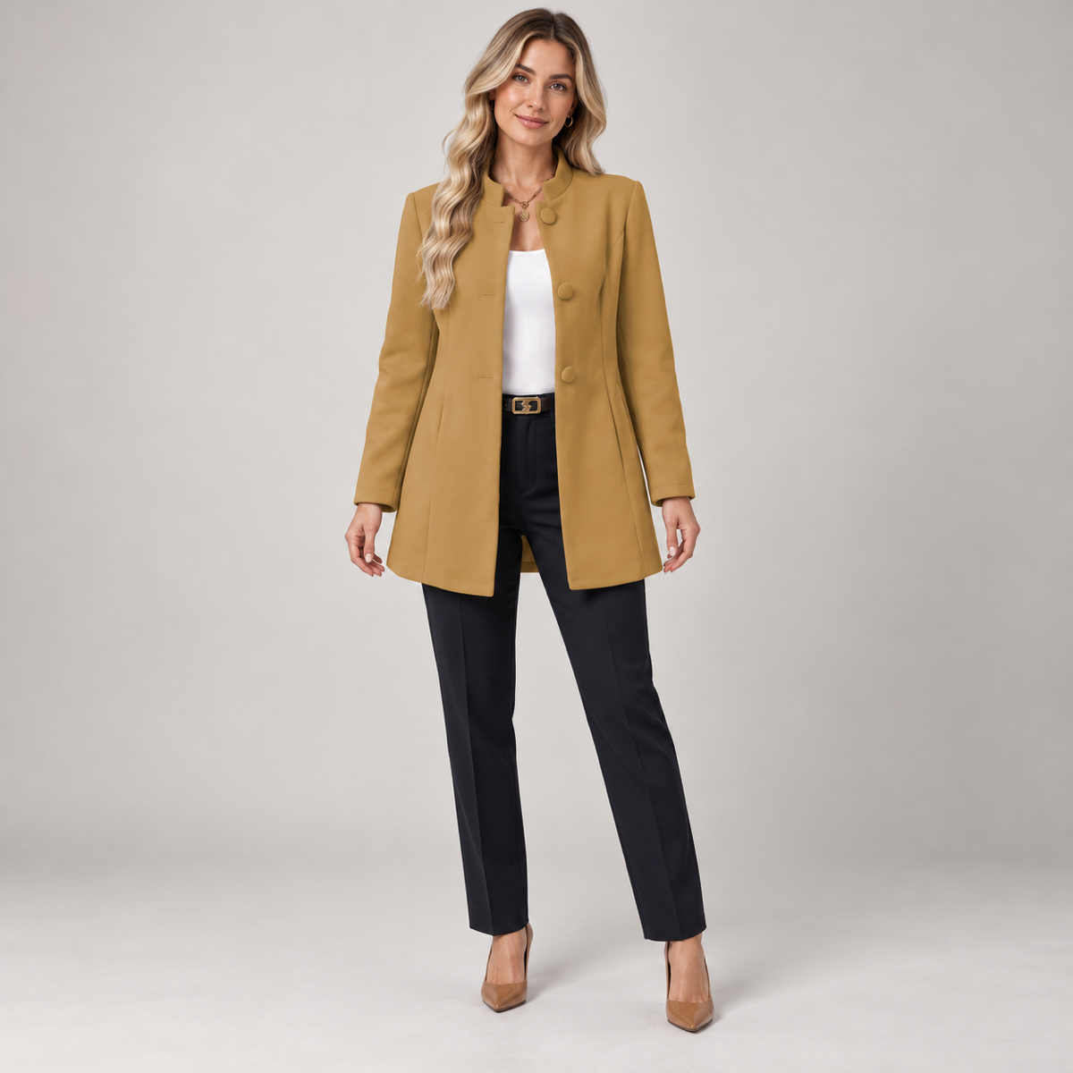 Long women’s collarless open-front blazer, worn by a female model, front view