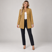 Long women’s collarless open-front blazer, worn by a female model, front view