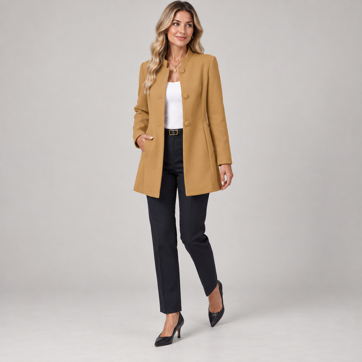 Long women’s collarless open-front blazer, worn by a female model, angled front view