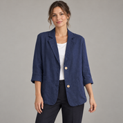 Women's loose-fit blazer with two buttons and roll-up sleeves, worn by a female model, close-up