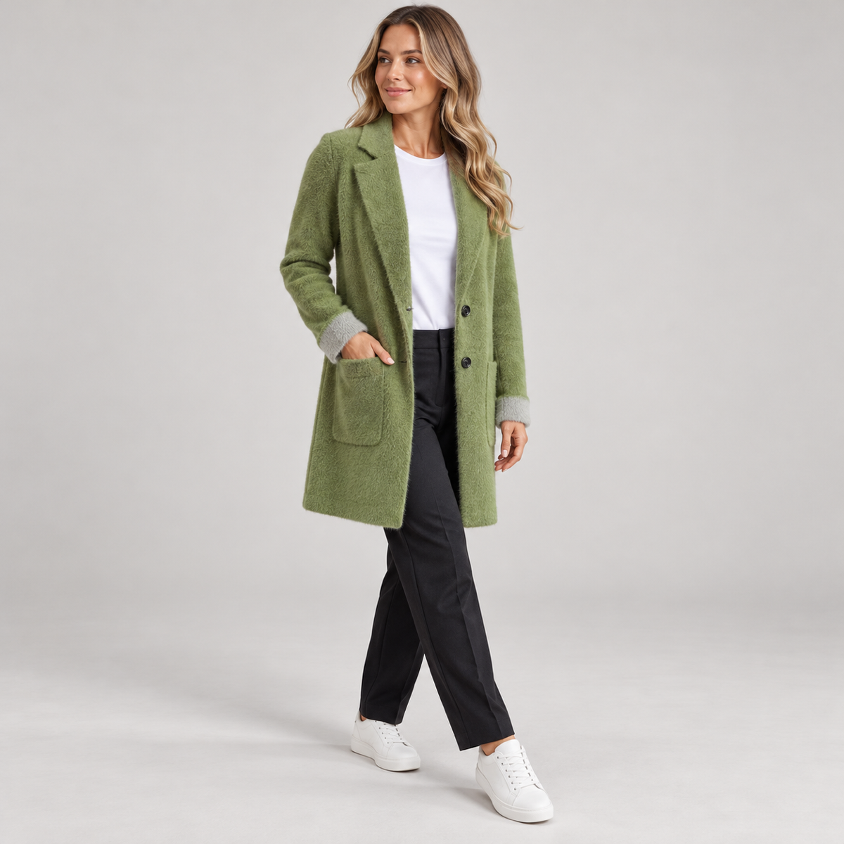 Women's long green oversized blazer with pockets, worn by a female model, angled front view