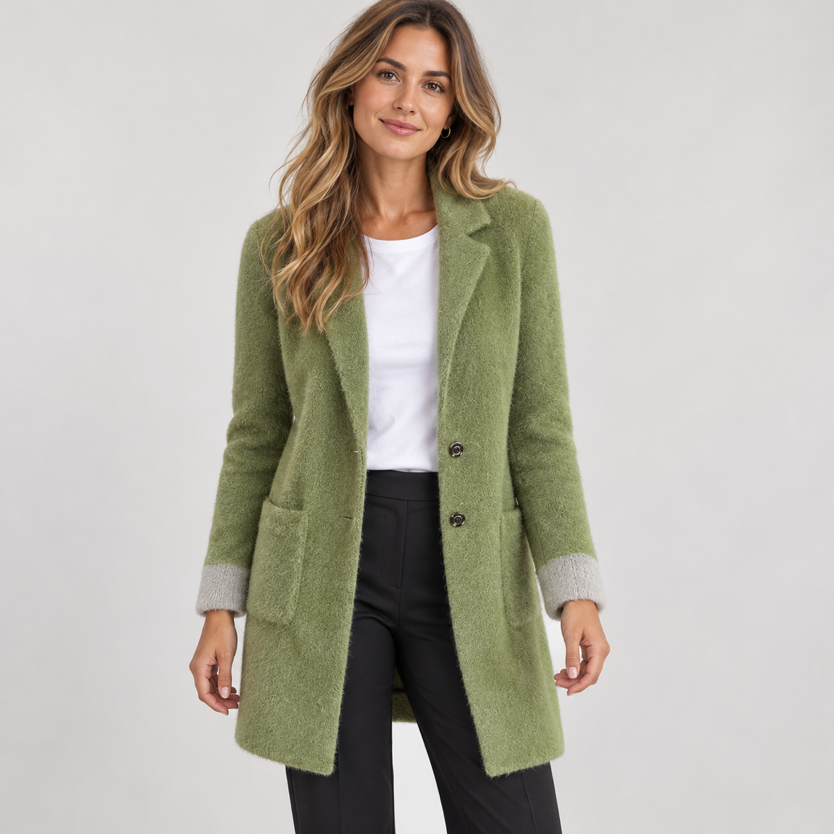 Women's long green oversized blazer with pockets, worn by a female model, close-up