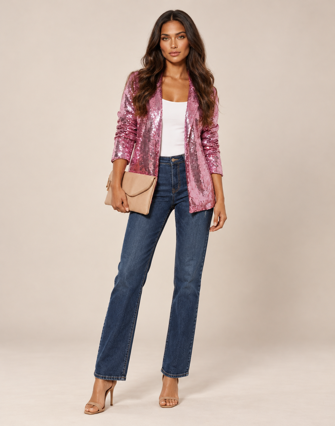 AIDA LENA pailletten blazer revers roze, gedragen door een model