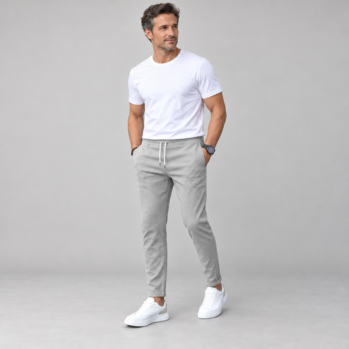 Men's classic tailored trousers with a neat fit, worn by a male model, angled front view