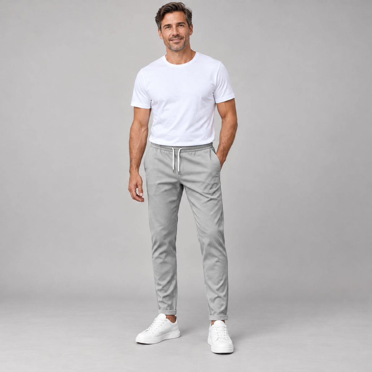 Men's classic tailored trousers with a neat fit, worn by a male model, close-up