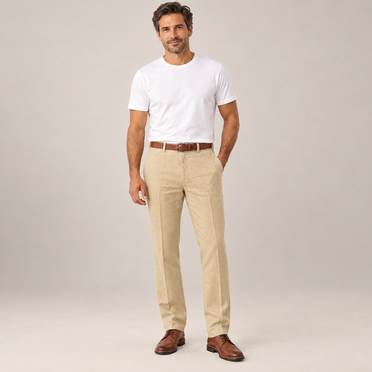 Pantalon heren smart casual slim fit op herenmodel, van dichtbij