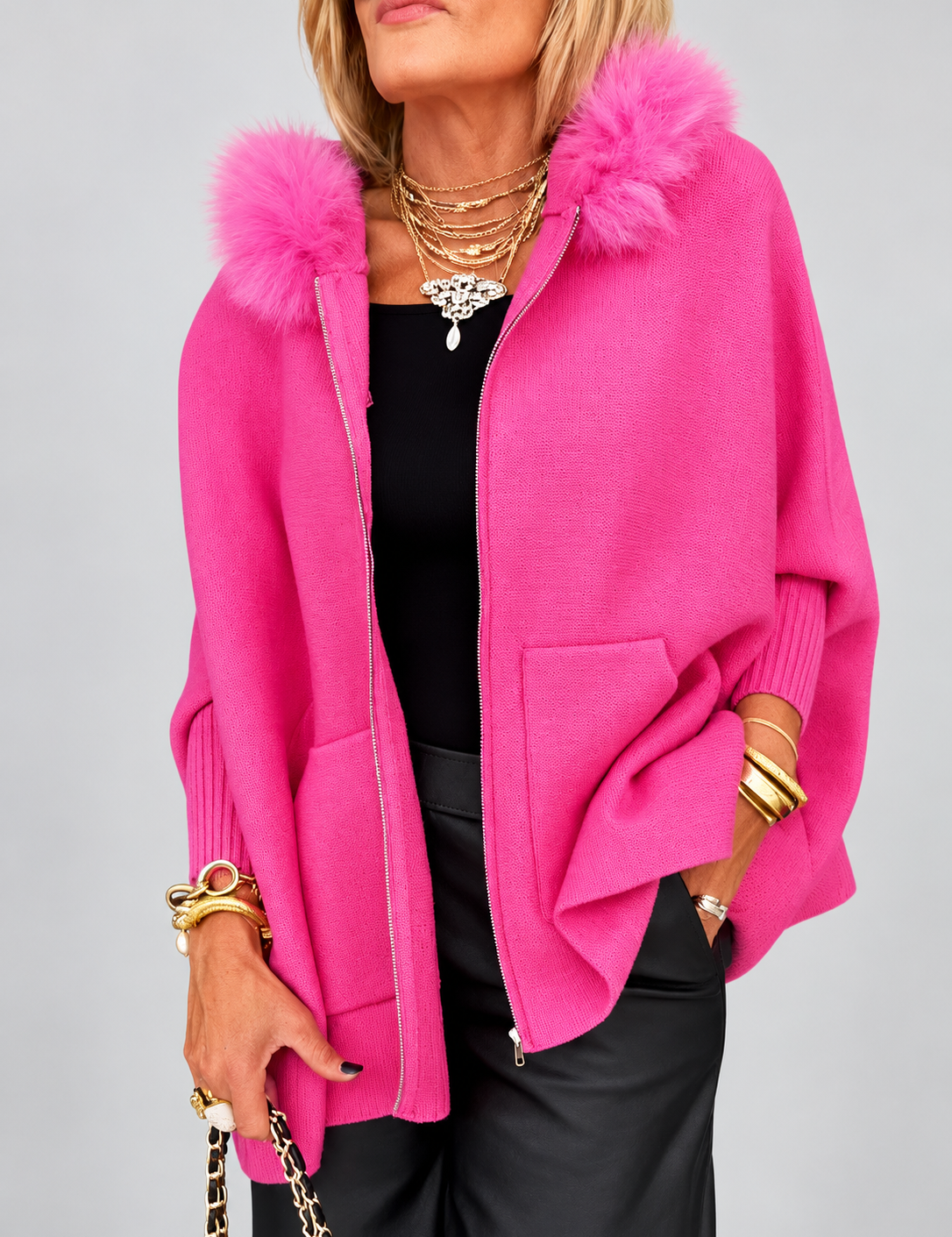 Women's hooded poncho cardigan with fluffy trim, fuchsia