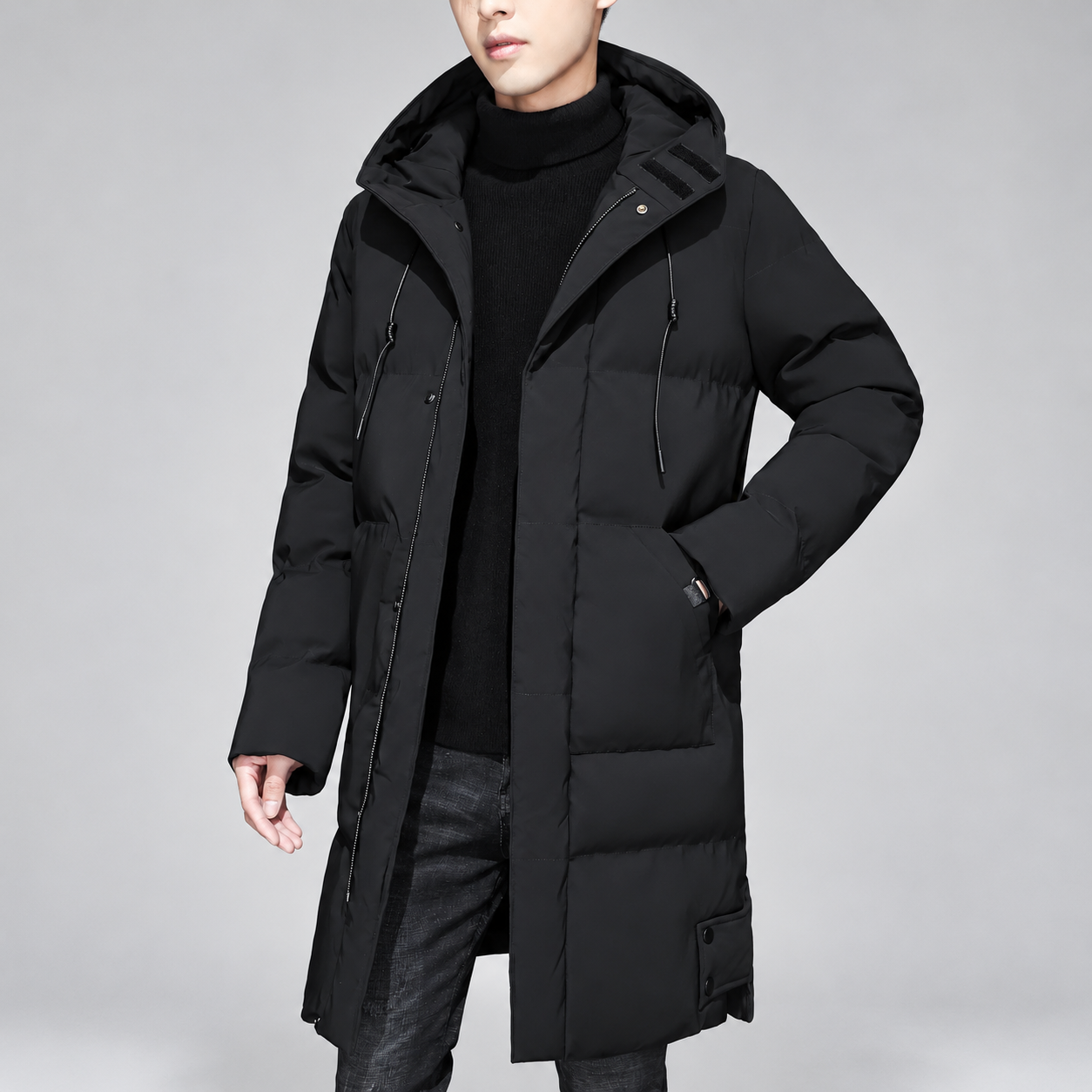 Men's long puffer coat with hood and flap pockets, black