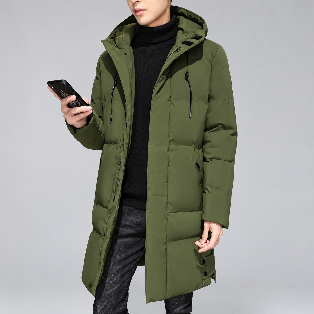Men's long puffer coat with hood and flap pockets, green