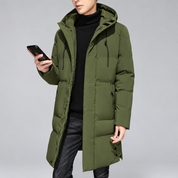 Men's long puffer coat with hood and flap pockets, green