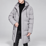 Men's long puffer coat with hood and flap pockets, grey