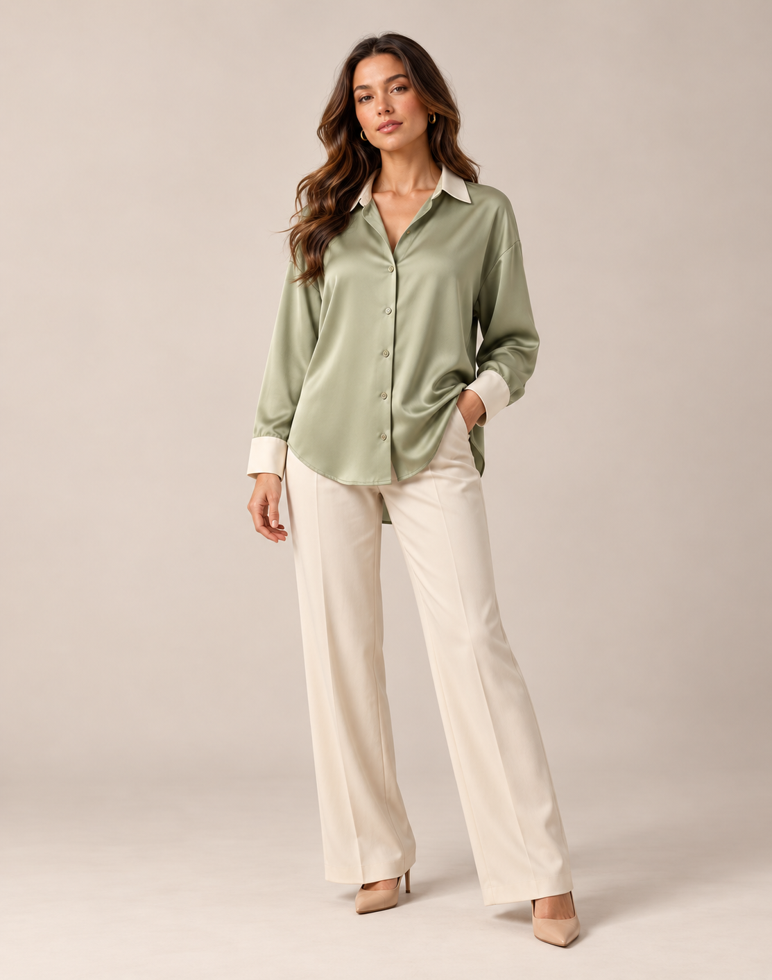 AIDA LENA satijnlook blouse contrastbies lichtgroen, gedragen door een model