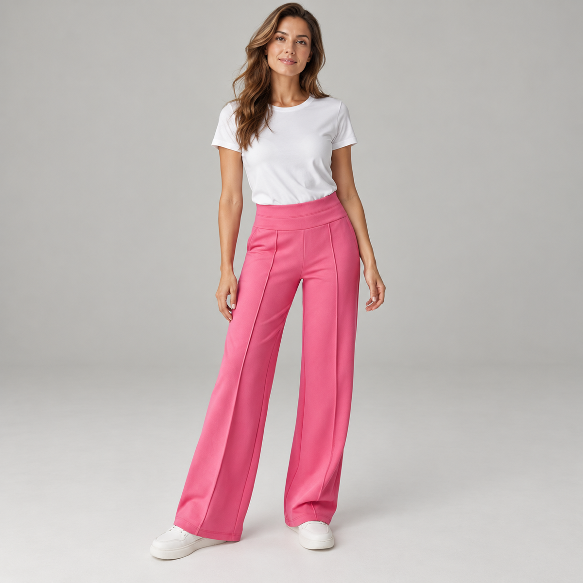 Wide leg pantalon dames high waist met soepele val op damesmodel, vooraanzicht