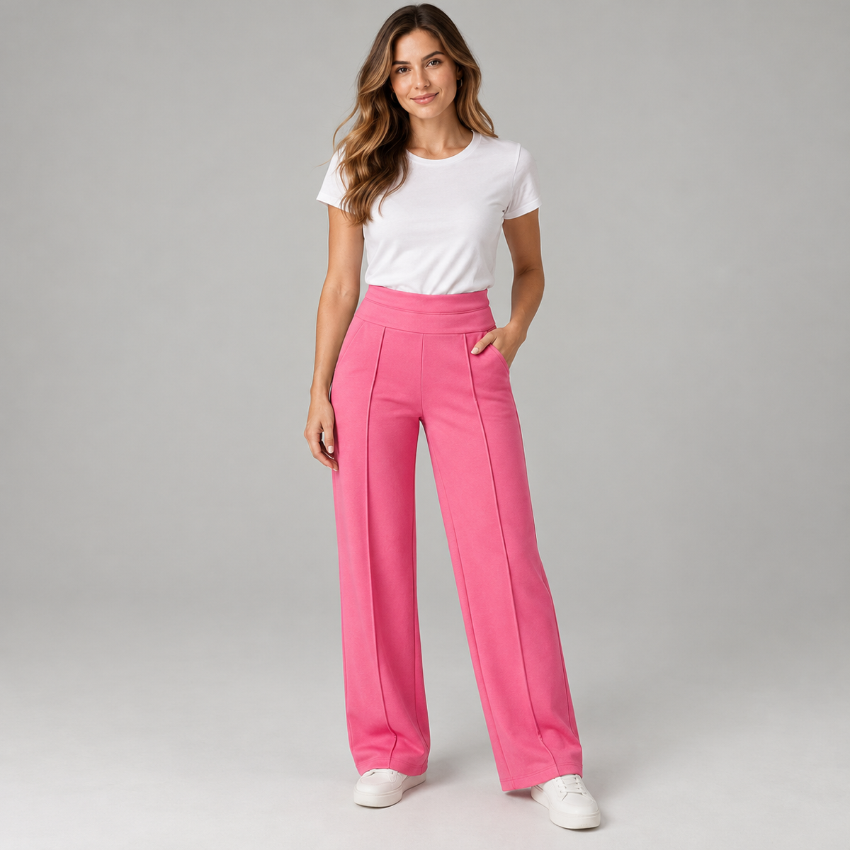 Wide leg pantalon dames high waist met soepele val op damesmodel, van dichtbij