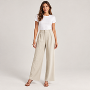 Wijde pantalon dames met hoge taille smart casual op damesmodel, vooraanzicht