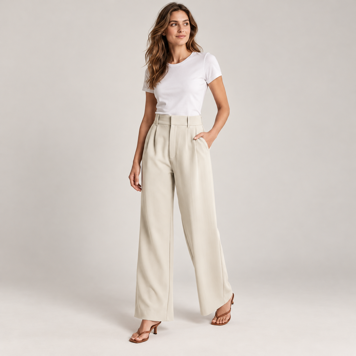 Wijde pantalon dames met hoge taille smart casual op damesmodel, schuin vooraanzicht