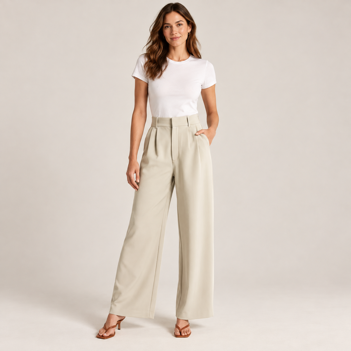Wijde pantalon dames met hoge taille smart casual op damesmodel, van dichtbij