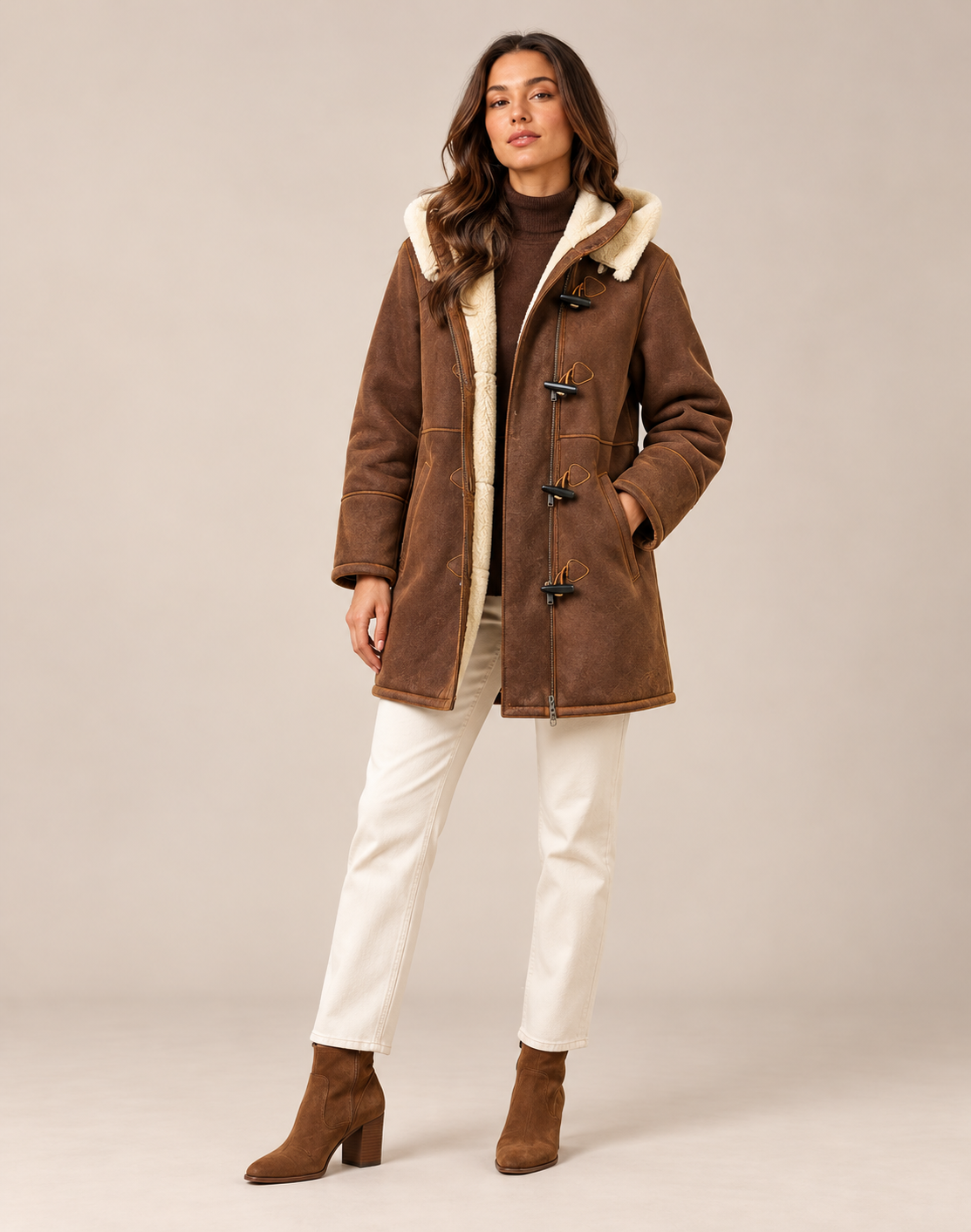 AIDA LENA winterjas suede look teddyvoering bruin, gedragen door een model