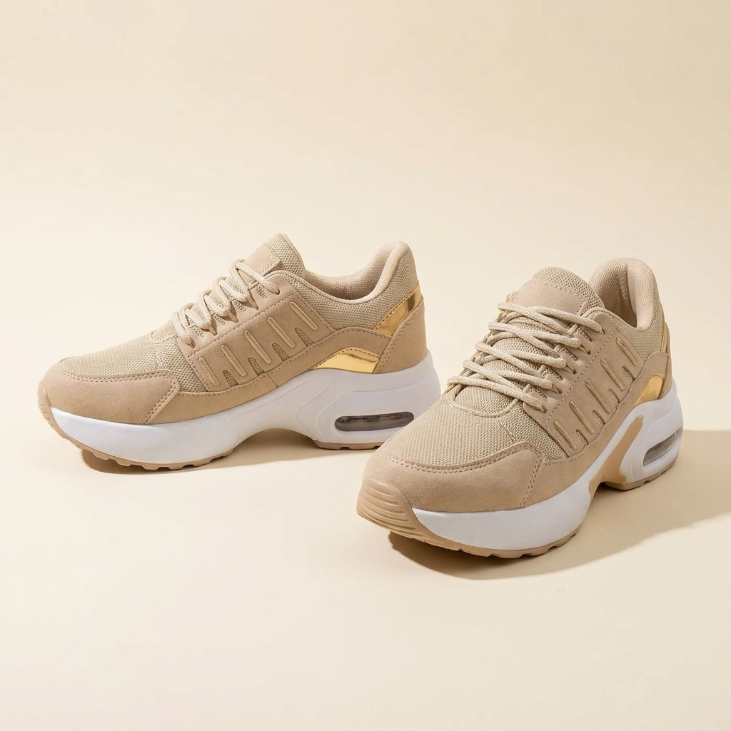 Beige AirFlex damessneakers met comfortabele zool, zij- en vooraanzicht