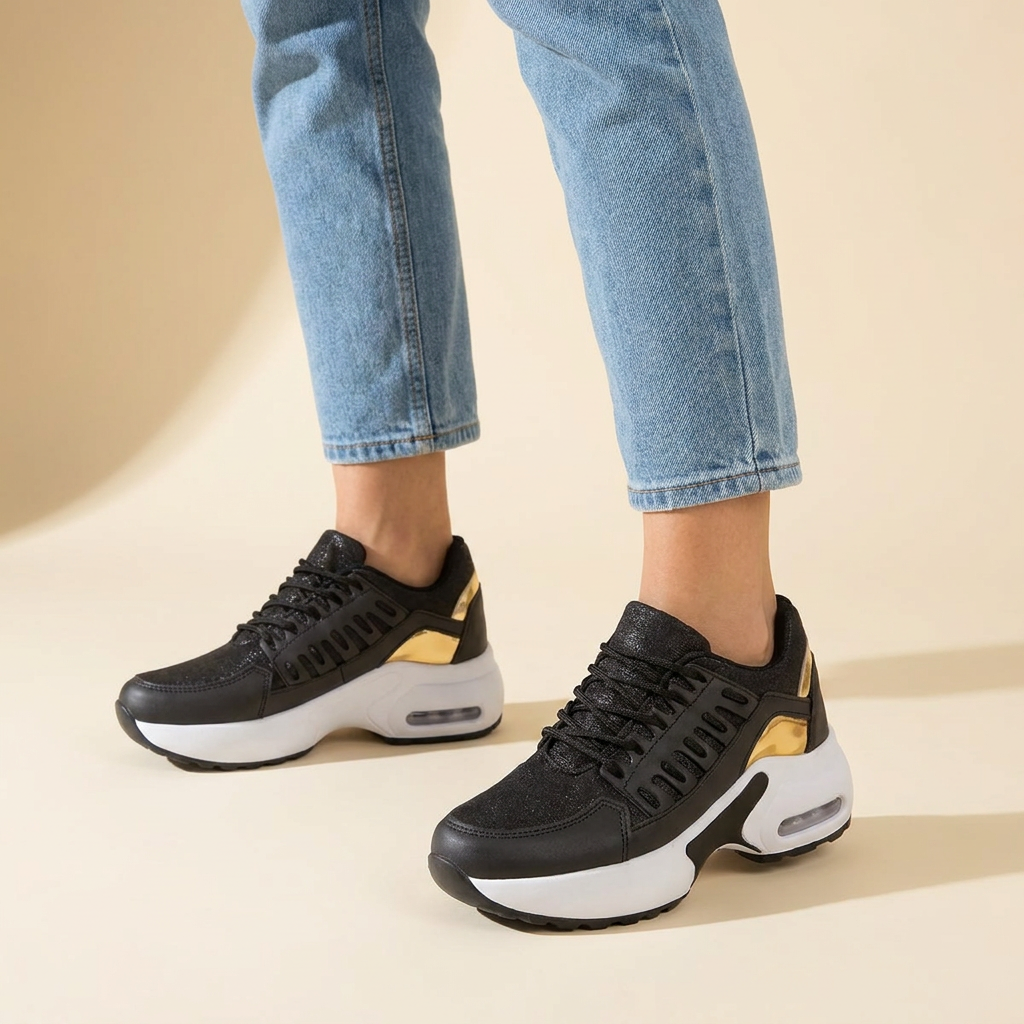 Zwarte AirFlex damessneakers met comfortabele zool, gedragen met lichte jeans