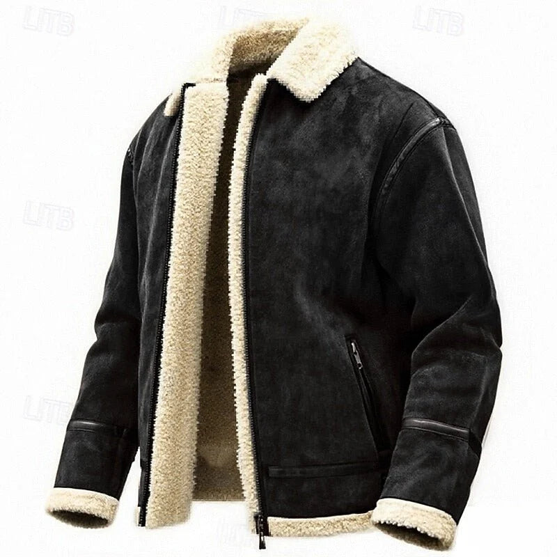 Men's aviator jacket in black with teddy collar and zip pockets