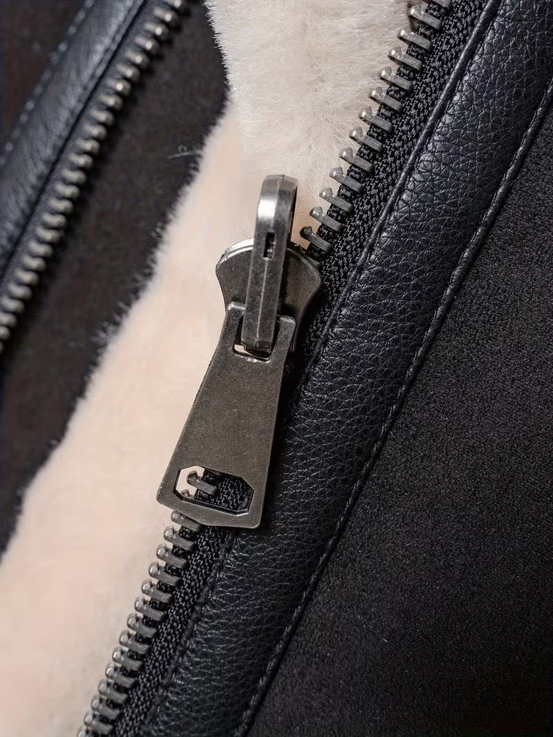 Men's aviator jacket in black with teddy collar and zip pockets