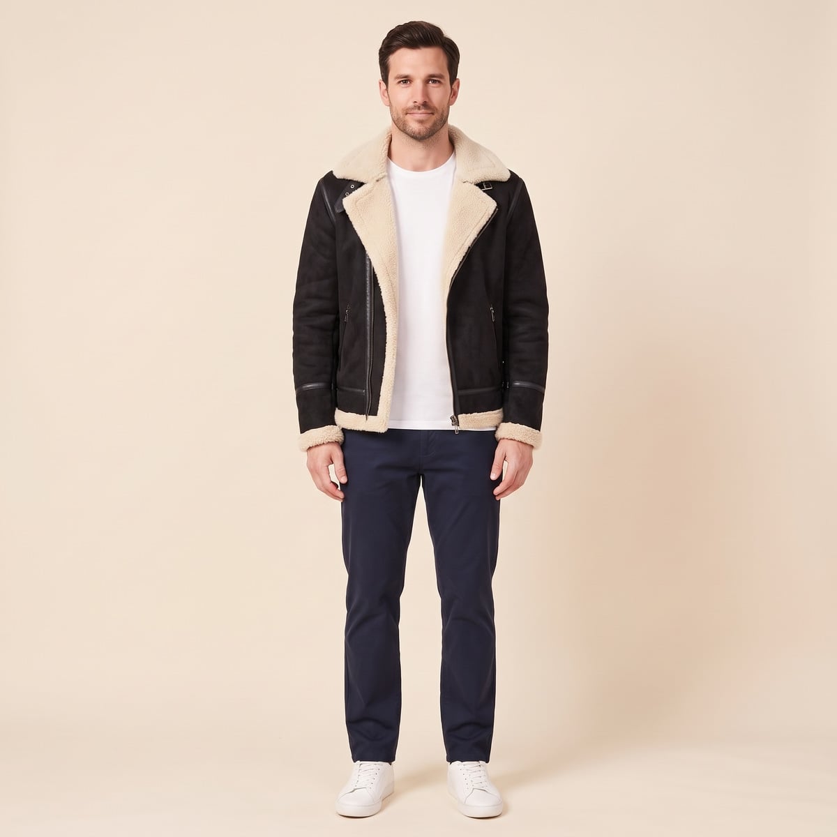 Men's aviator jacket in black with teddy collar and zip pockets