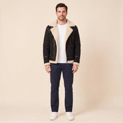 Men's aviator jacket in black with teddy collar and zip pockets