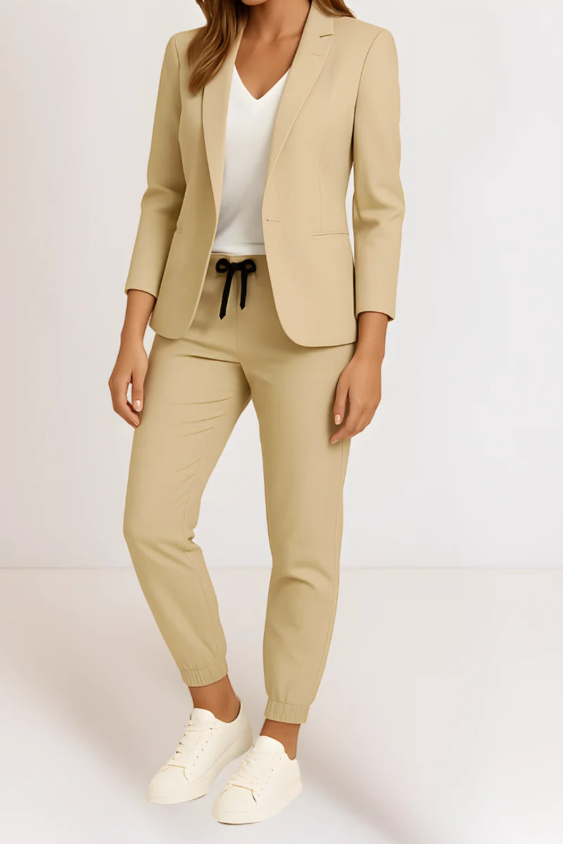 Women's blazer and trousers set with drawstring waist in beige