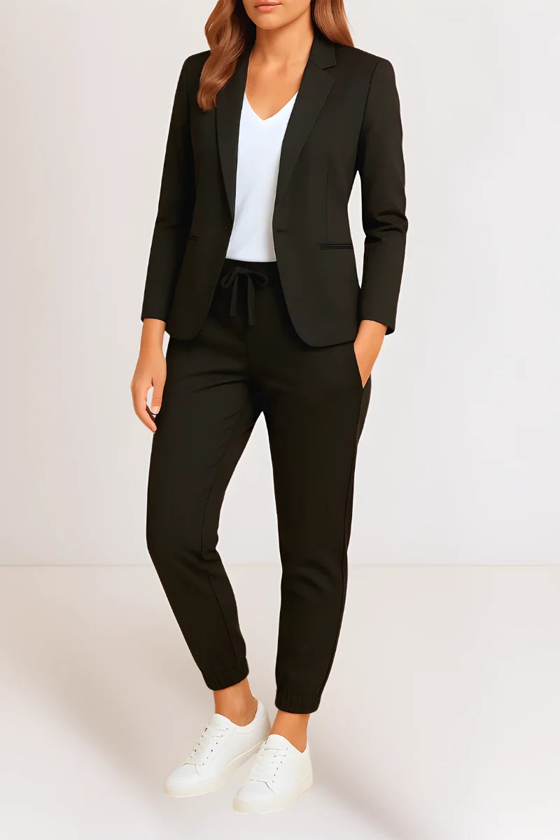 Women's blazer and trousers set with drawstring waist in black
