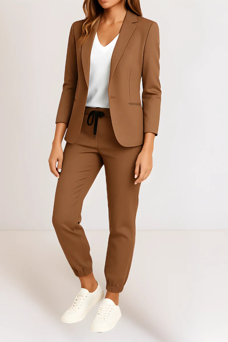 Women's blazer and trousers set with drawstring waist in brown