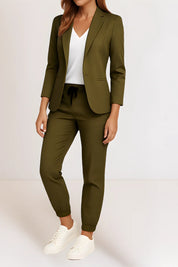Women's blazer and trousers set with drawstring waist in green