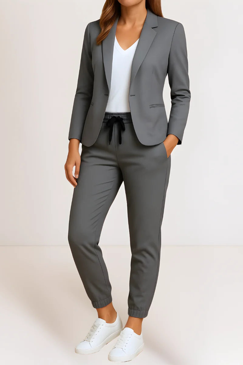 Women's blazer and trousers set with drawstring waist in grey