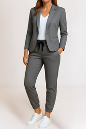 Women's blazer and trousers set with drawstring waist in grey