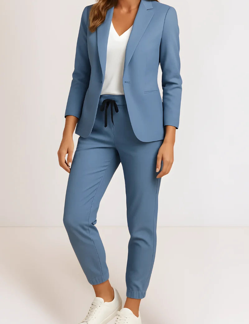 Women's blazer and trousers set with drawstring waist in light blue